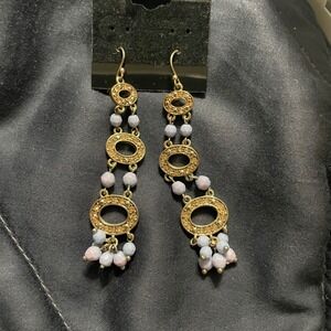 Gold Tone Oval Link Beaded‎ Drop Earrings Light Blue Gemstones Dangling LC mark